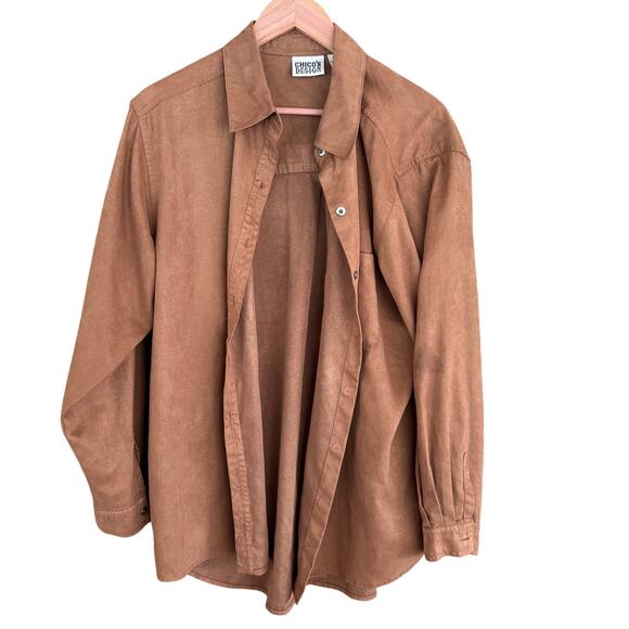 Chicos Vegan Suede Button Up Shirt L 3 Tan Brown Western Top Blouse Vintage - Picture 1 of 4